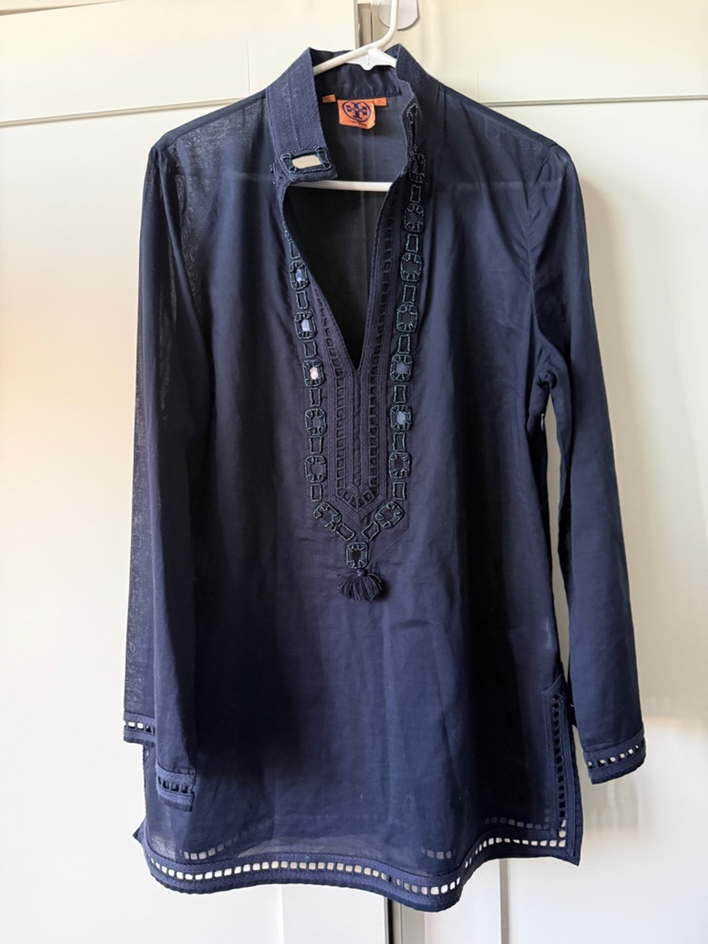 Navy Long-Sleeve Embroidered Tunic, Size 14 by Tory Burch